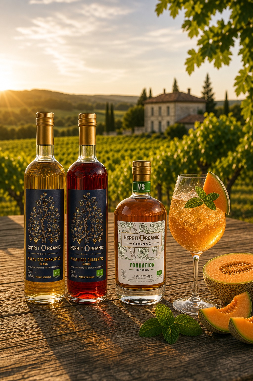 Cocktail Le Charente Spritz Cognac Esprit Organic avec Cognac Foundation VS, Pineau blanc, Pineau rouge et melon charentais