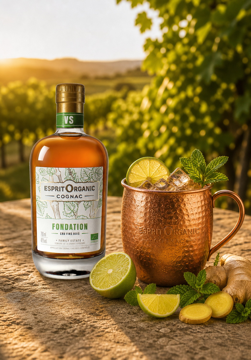 Cognac Mule Cognac Esprit Organic avec Cognac Foundation VS, ginger beer, citron vert et gingembre