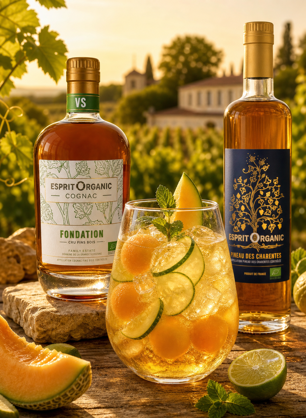 Cocktail L’heure dorée Cognac Esprit Organic avec Pineau blanc, Cognac VS et melon charentais