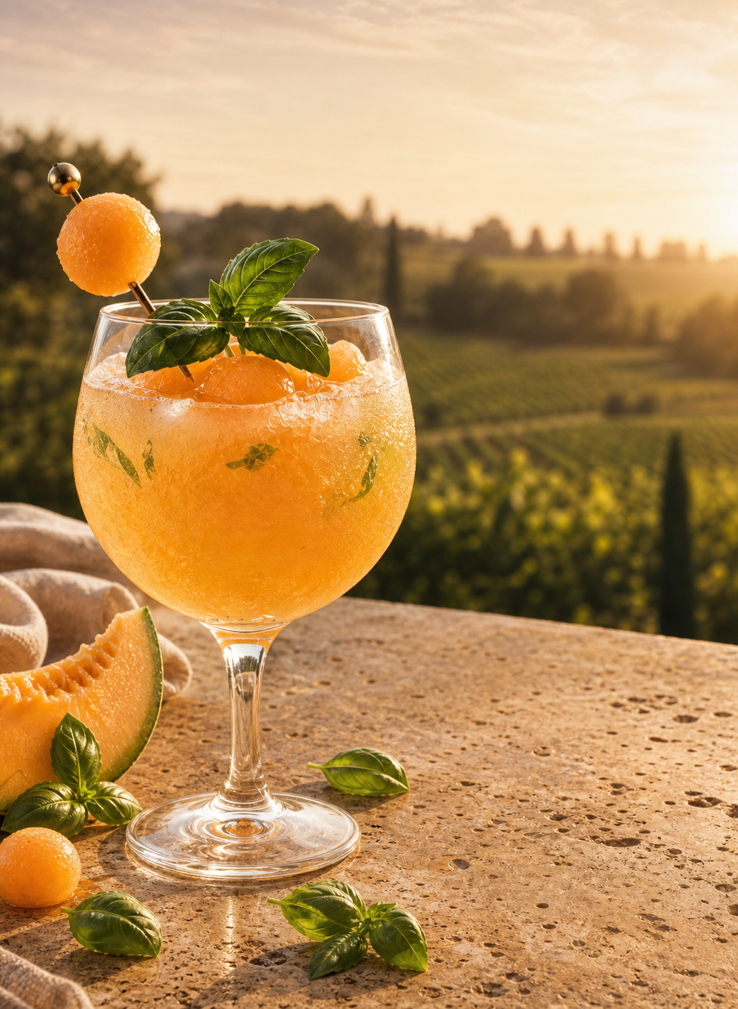 Verre du cocktail L’heure dorée Cognac Esprit Organic au melon charentais et basilic