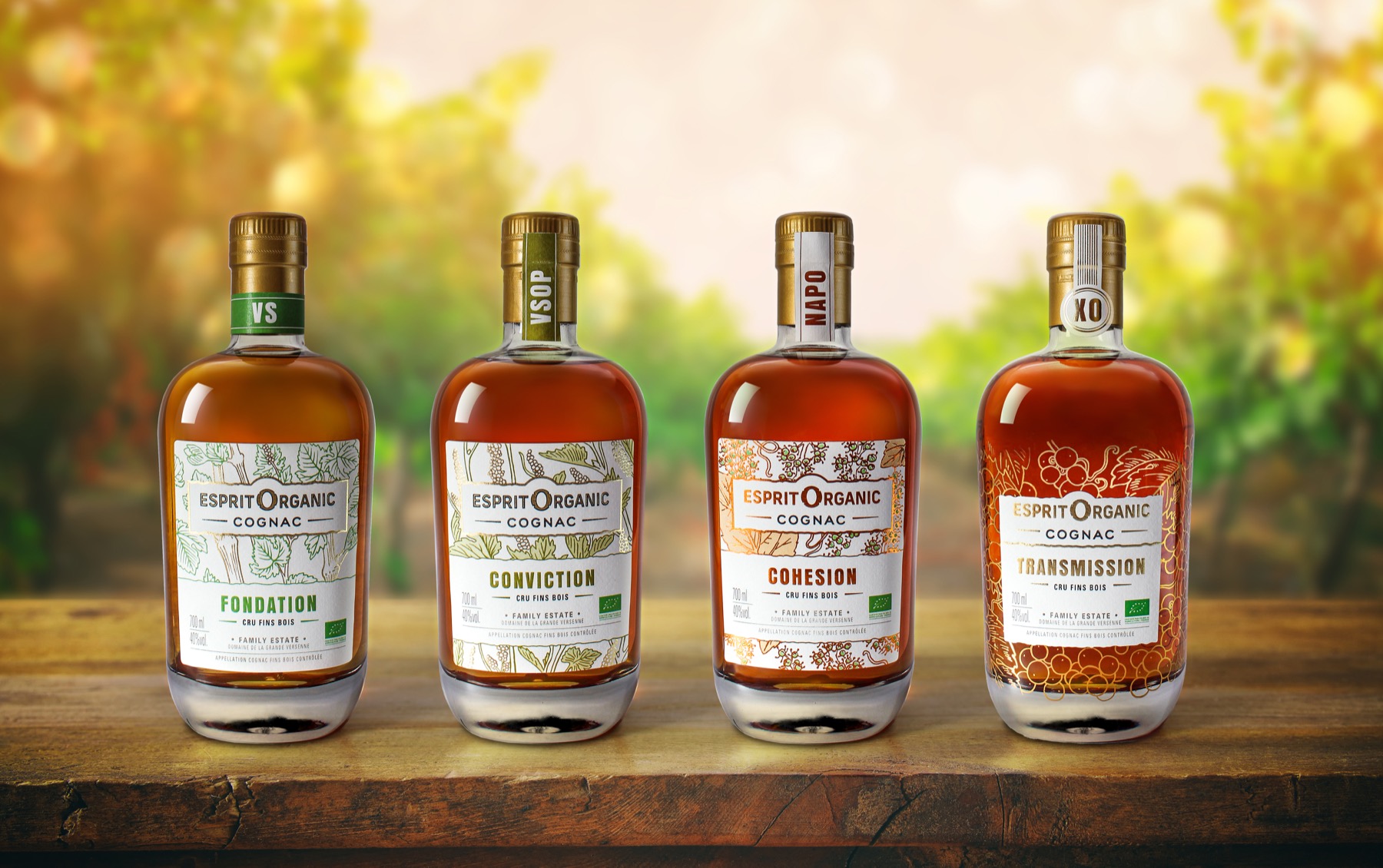 Gamme Cognac Esprit Organic : Fondation VS, Conviction VSOP, Cohesion Napoléon et Transmission XO